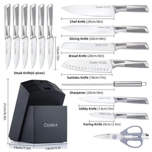 Kitchen Knife Set, 15 Piece Knife Sets with Block, Chef Knives with Non-Slip German Stainless Steel Hollow Handle Cutlery Set with Multifunctional Scissors Knife Sharpener  Amazon Platform Banned - Image 3